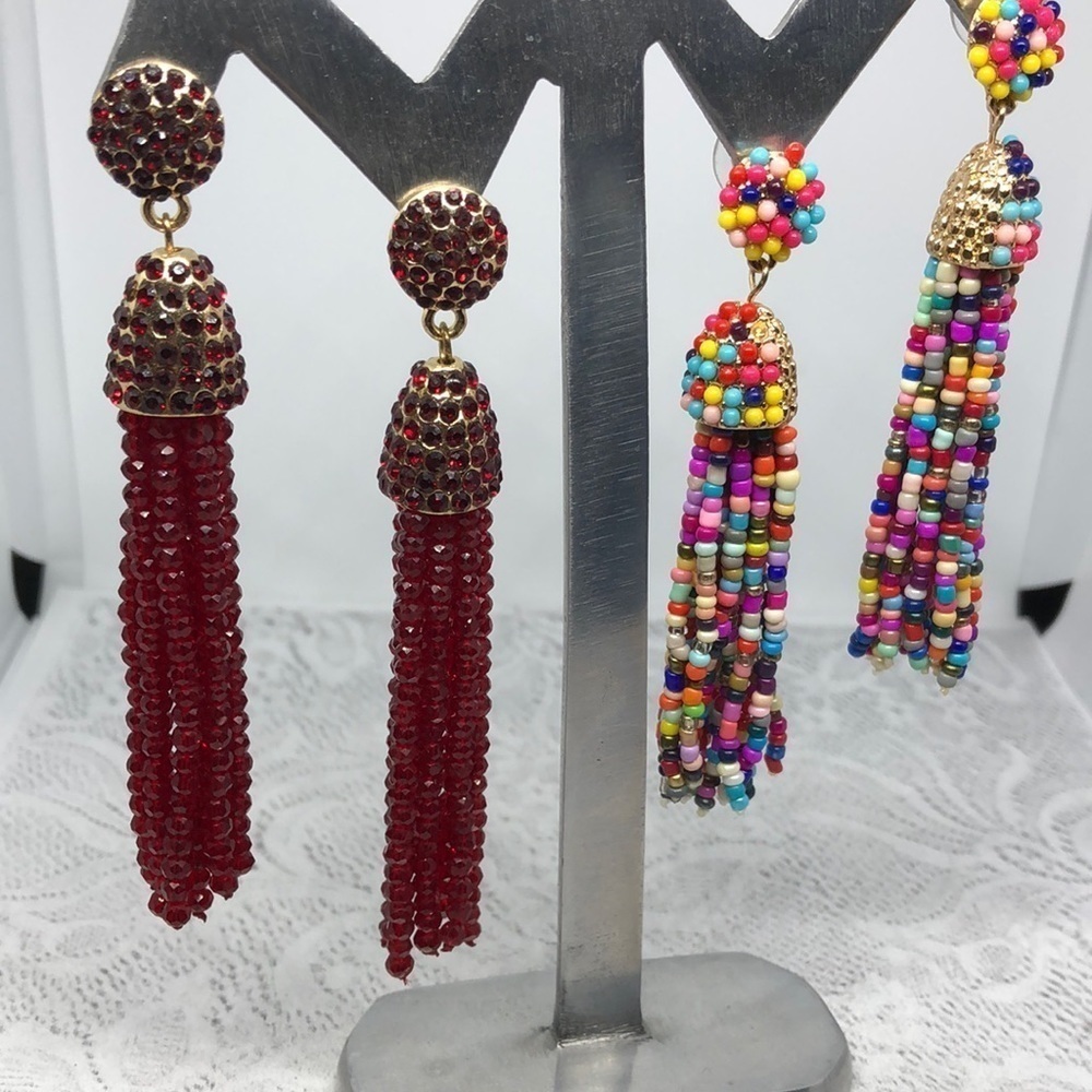 BUNDLE lot 2 beaded tassel fringe long dangle drop earrings statement colorful.